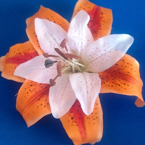 Orange Cream Large lily, white lily in center barrette clip, VLV, pin up, tropical tiki barrette