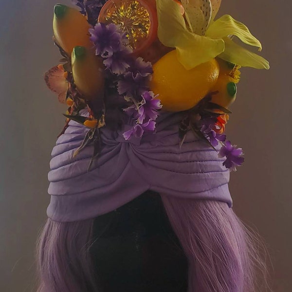 Carmen Miranda, faux fruit, turban de fruit, fruit, oasis de tiki, turban lilas, turban d'orchidée, casque de fruit