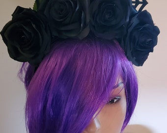 Black crown, Soider crown, Spiderweb crown, Goth crown, Black rose crown, Black flower crown, Halloween, Day of the dead