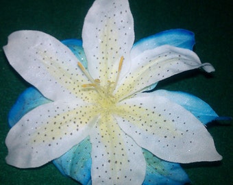 Lily, blue lily, white lily, lily clip, lily barrette, hair flower, tiki, tropical flower, ocean, ocean wedding, blue and white