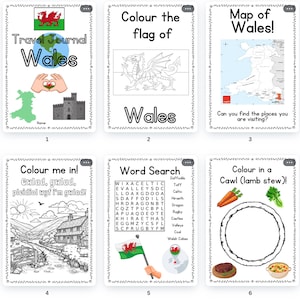 May include: A printable activity booklet for kids featuring a travel journal, coloring pages, a word search, and a map of Wales. The booklet includes images of a dragon, a castle, and a Welsh flag.
