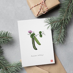 Hap-pea Holidays - Garden Pea feestelijke wenskaart | Voedselwoordspeling, Punny-wenskaart, Zuidoost-Aziatisch, Eetcultuur