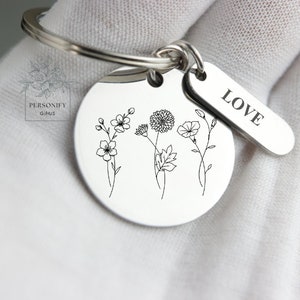 Custom Engraved keychain, Birth Flower Keychain, Silver Keychain, Birthday Gift Coin Charm keychain, Gift for Him/her, Couple Keychain, Gift