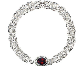 Sterling Silver Byzantine Chain Bracelet: Garnet Clasp, Handmade