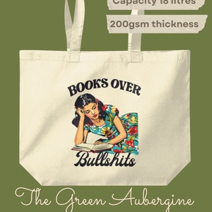 Books Over Bullsh*t Maxi Organic Cotton Tote Vintage Woman funny book club gif Eco-Friendly Tote Bag Retro Book Lover present for her