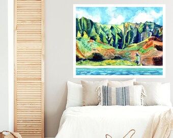 Lámina artística de la costa de Na Pali: decoración hawaiana de Kauai (16 x 20, 18 x 24, 24 x 30)