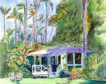 hawaiian cottage art, old plantation cottages, kauai art, waimea plantation cottages, Vacation art paintings, Hawaii wall art, blue houses