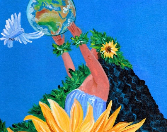 Goddess of Peace, Hawaii Art Print, Hula, World Peace, Peace Dove, Sunflowers, Peace for Ukraine, Divine Feminine, Hawaiian Decor, Aloha