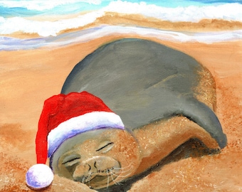 Hawaiian Monk Seal, Hawaii Christmas Art, Mele Kalikimaka, Beach Christmas, Hawaii Monk Seal, Hawaii Hoiday, Tropical Christmas