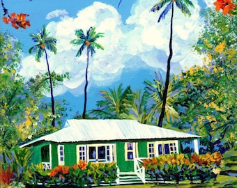Puede incluir: Una pintura de una casa verde con techo blanco, rodeada de exuberante vegetación verde y palmeras. La casa tiene molduras y ventanas blancas, y hay dos pájaros rojos en primer plano.