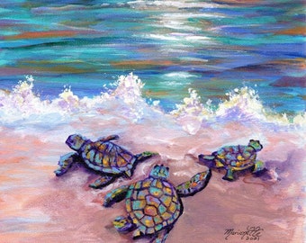 Baby Sea Turtles, Kauai Painting, Kauai Wall Art, Kauai Decor, Hawaiian Art, Sunset, Ocean Life, Honu, Baby Sea Turtle Print