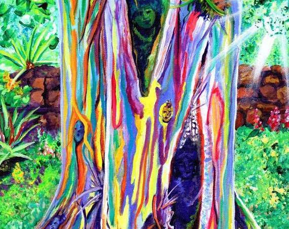 Rainbow Eucalyptus Tree, Kauai Original Acrylic Painting, OOAK Art, Hawaii Wall Art, Hawaiian Painting, Spirit Guardians, Faces in tree