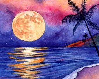 May include: Watercolor painting of a moonlit beach scene. A large, golden moon dominates the night sky, reflecting on the ocean's surface. Palm trees and a shoreline are silhouetted against a vibrant pink and purple sky. The artist's signature is in the bottom right corner.