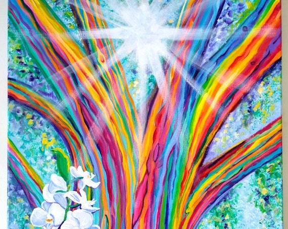 Rainbow Eucalyptus Tree, Original Acrylic Painting, Kauai Hawaii Art, Miracle Tree of Life, Hawaiian Decor, World Peace and Love