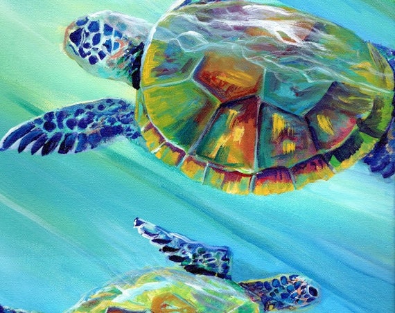 Swimming Sea Turtles, Kauai Art Print, Hawaiian Paintings, Under the Sea Turtle, Honu, Animal, Kids Room Decor, Ocean Art, Colorful Turtle