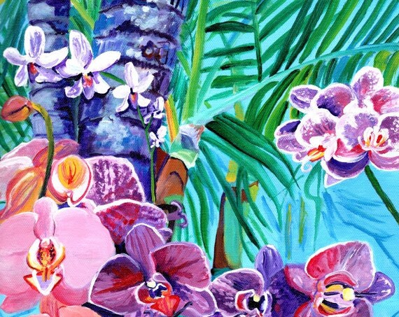 Orchid Fantasy Garden, Kauai Original Acrylic Painting, OOAK Art, Hawaii Wall Art, Hawaiian Painting, Tropical Flowers, Kauai Wall Art