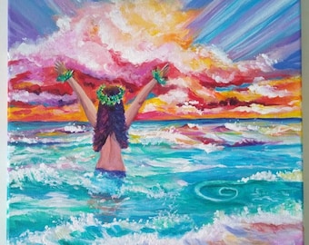 Kauai Woman in the Ocean Original Acrylic Painting, Hawaiian Seascape at Sunrise