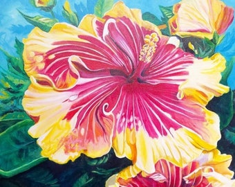 Hibiscus Art Print, Tropical Flower Painting, Kauai Artist, Hawaii Artwork, Hawaiian Decor, Love Aloha, Maui Oahu Souvenir, Yellow Red