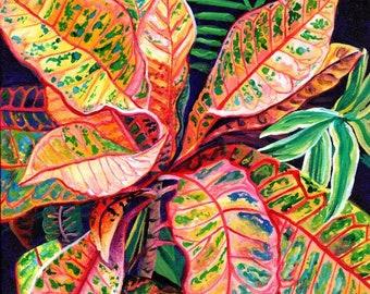 Puede incluir: Un primer plano de una pintura de una planta tropical con hojas grandes y coloridas. Las hojas son una mezcla de rosa, rojo, verde y amarillo, con un patrón moteado. El fondo es azul oscuro.