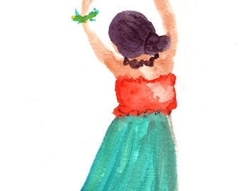 Impresión artística de chica hula: pintura de acuarela hawaiana