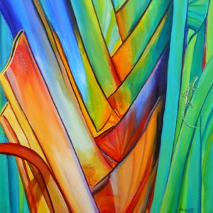 May include: Abstract painting of a tropical plant with vibrant colors, including blue, green, orange, and yellow. The plant's leaves are arranged in a geometric pattern, creating a sense of depth and movement. A small lizard is visible on the right side of the painting.