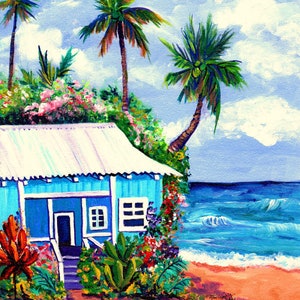 Kauai Beach Cottage, Plantation Cottage by the Beach, Kauai Painting, Hawaii Wall Art, Hawaiian Art Decor, Palm Trees, Vacation House