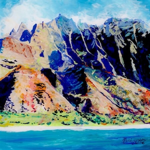Kauai landscape art, Kauai mountains, Kauai Na Pali Coast, square art print, Kauai by boat, Kauai seascape painting, Kauai art, Kauai prints