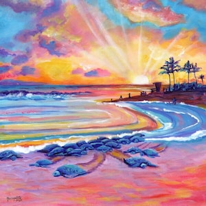 Tortues de mer à la plage de Poipu au coucher du soleil, impression d'art, artiste de Kauai, art mural hawaïen, peinture hawaïenne