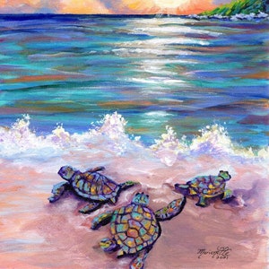 Baby Sea Turtles, Kauai Painting, Kauai Wall Art, Kauai Decor, Hawaiian Art, Sunset, Ocean Life, Honu, Baby Sea Turtle Print