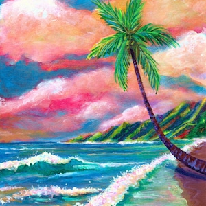 Tropical Na Pali Coast Art of Kauai Hawaii, Seascape Painting, Hawaii Decor, Hawaiian Painting, Tropical Print, Hawaii Wall Art, Palm Tree