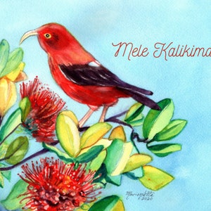 Hawaiian Christmas Card Printable, Mele Kalikimaka Christmas Card Download, Hawaii Christmas, Iiwi Bird, Red Ohia Lehua, DIY Card, 5x7 card