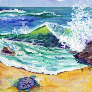 May include: An acrylic painting of a beach scene with a blue sea turtle on the sand. The ocean waves are depicted in shades of blue and green, with white foam. The sky is light blue with fluffy white clouds.