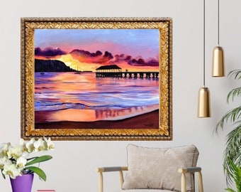May include: A framed painting of a sunset over the ocean with a pier in the foreground. The sky is a vibrant mix of pink, orange, and purple. The water is a deep blue with waves crashing on the shore. The pier is made of wood and has a small building on it.