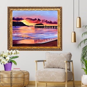 Hanalei Pier Kauai Artwork, Hawaiian Decor, Hawaii Prints, Tropical Sunset, Seascape, Travel Wall Art