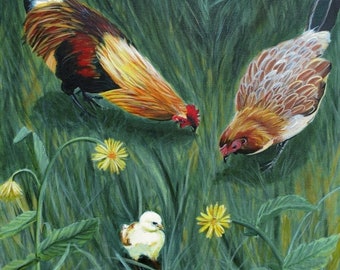 May include: A rooster, a hen, and a chick in a field of green grass with yellow flowers. The rooster is brown, red, and yellow. The hen is brown and white. The chick is yellow.