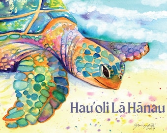 Hawaii verjaardagskaart, strand zeeschildpad, Hawaiiaanse gelukkige verjaardag, Hauoli La Hanau, tropische verjaardag, afdrukbaar, DIY wenskaart, PDF 5x7