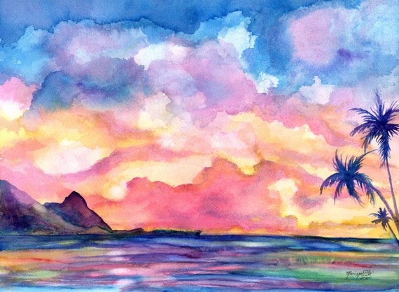 Kauai Sunset Art, Bali Hai Painting, Tunnels Beach, Watercolor Sunset Print, Hawaii Decor, Mount Makana, Hawaiian Artwork, tropical seascape