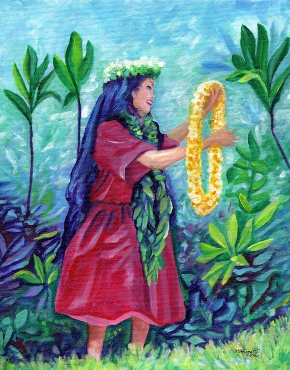 Hawaiian Hula Dancer with Lei Art Print from Kauai Hawaii