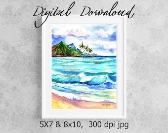 Kauai Seascape Print Digital Download 8x10 5x7 jpg Watercolor Print Printable wall art Downloadable Ocean Hawaiian Beach Wave Palm Trees