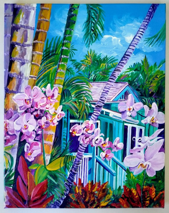 Blue Baby Beach Cottage,  Kauai Original Acrylic Painting, Hawaiian, Hawaii Art, Colorful Tropical Orchids, Poipu House, Palm Trees