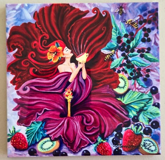 Hibiscus Goddess  Ceramic Tile, Kauai Hawaii Art by Marionette, Trivet