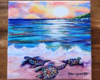 Baby Sea Turtles Ceramic Tile, Kauai Hawaii Art by Marionette, Trivet