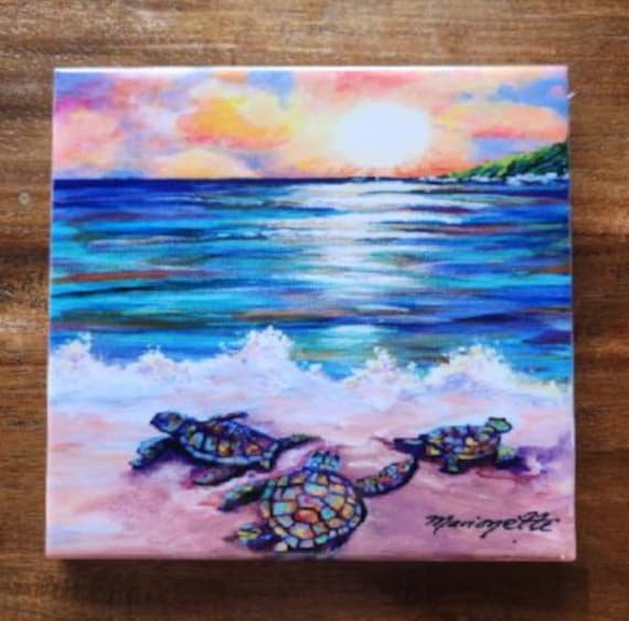 Baby Sea Turtles Ceramic Tile, Kauai Hawaii Art by Marionette, Trivet