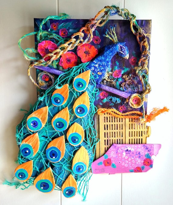 Abstract Peacock Orginal Painting Made from Beach Ocean Debris found on the island of Kauai Hawaii and Acrylic Paints, Recycled Art