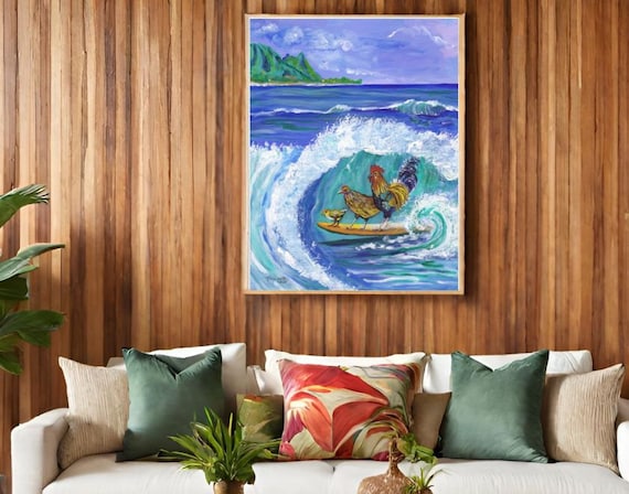 Chickens and Rooster Surfing Kauai Beach Large Art Print on Fine Art Paper or Poster