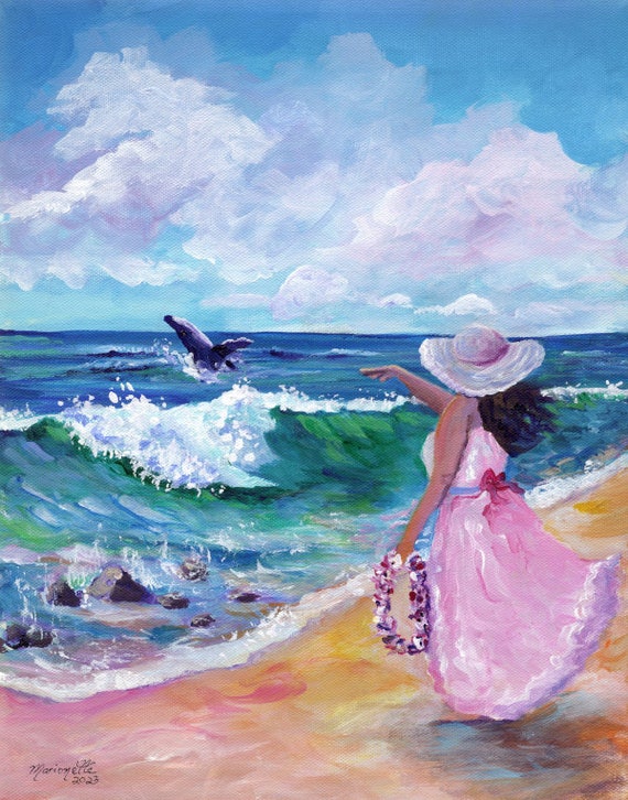 Beach Girl with Humpback Whale, Hawaii Art Print, Hawaiian Seascape, Tropical Art, Hawaii Paintings, Woman with lei, Kauai Artist, Breach