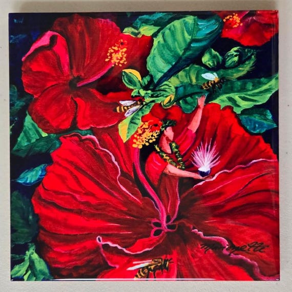 Goddess of Compassion  Ceramic Tile, Kauai Hawaii Art by Marionette, Trivet