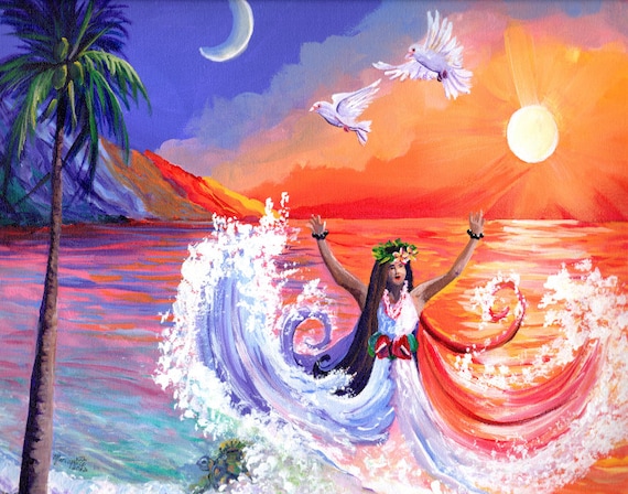 Goddess of Intuition,  Hawaii Art Print, Kauai Seascape with wave, Hawaiian Art, Hawaii Decor, sun moon dove turtle, yin and yang