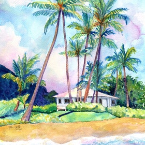 Gillins Beach House Art Print, Beach House Painting, Kauai Wall Art, Kauai Beach, Tropical Beach Decor, Gillians House on the Beach