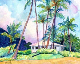 Gillins Beach House Art Print, Beach House Painting, Kauai Wall Art, Kauai Beach, Tropical Beach Decor, Gillians House on the Beach